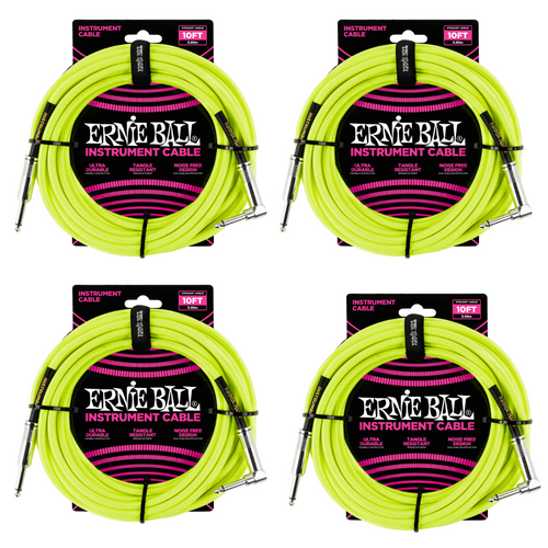 4 Pack Ernie Ball 10' Braided Straight / Angle Instrument Cable Neon - Yellow - P06080