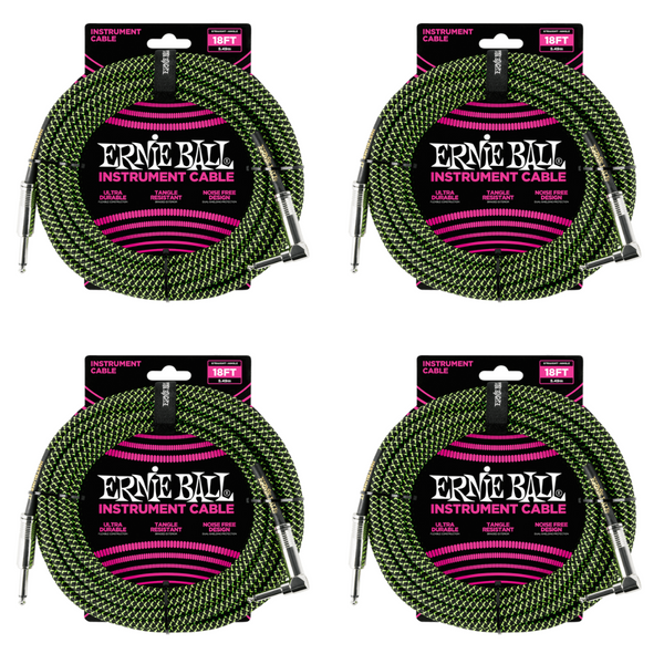 4 Pack Ernie Ball 18' Braided Straight / Angle Instrument Cable - Black / Green - P06082