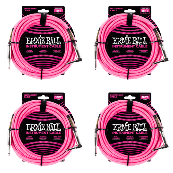 4 Pack Ernie Ball 18' Braided Straight / Angle Instrument Cable - Neon Pink - P06083