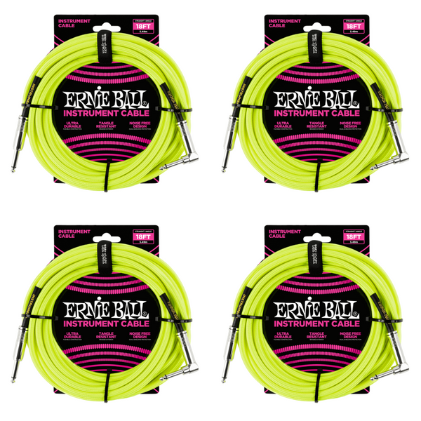 4 Pack Ernie Ball 18' Braided Straight / Angle Instrument Cable Neon - Yellow - P06085