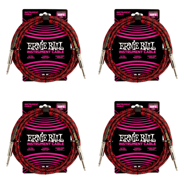 4 Pack Ernie Ball 10' Braided Straight Straight Inst Cable Red Black - P06394
