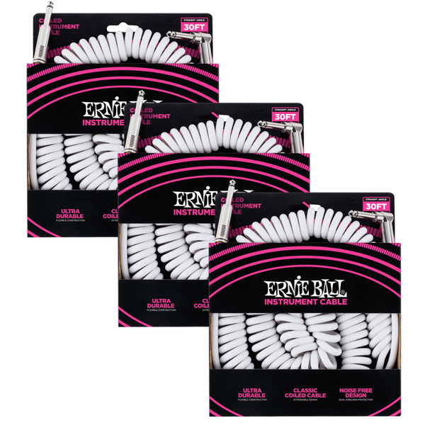 3 Pack Ernie Ball 30' Coiled Straight / Angle Instrument Cable - White   - P06045