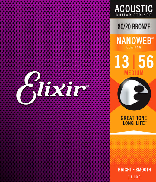 Elixir 11102 80/20 Bronze Acoustic Guitar Strings with NANOWEB. Medium 13-56