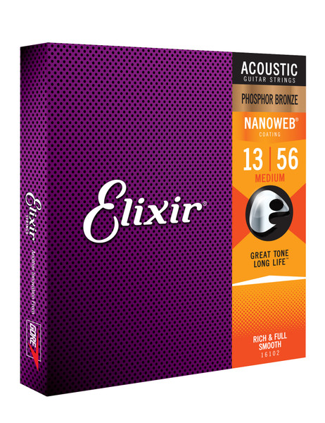 Elixir 16102 Phosphor Bronze Acoustic Guitar Strings with NANOWEB. Medium 13-56