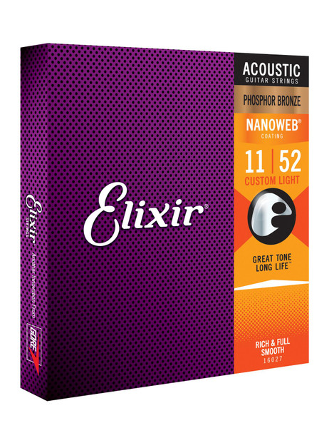 Elixir 16027 Phosphor Bronze Acoustic Guitar Strings with NANOWEB. Custom Light 11-52 3 SETS