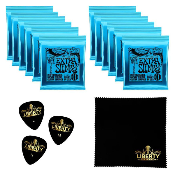 12 SETS Ernie Ball Extra Slinky Nickel Wound Electric Guitar Strings - 8-38 Gauge Plus Bonus Liberty Music Polishing Cloth and 3 Assorted Guitar Picks