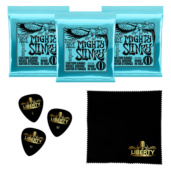 3 Sets Ernie Ball Mighty Slinky Nickel Wound Electric Guitar Strings 8.5-40 Gauge Plus Bonus Liberty Music Polishing Cloth and 3 Assorted Guitar Picks