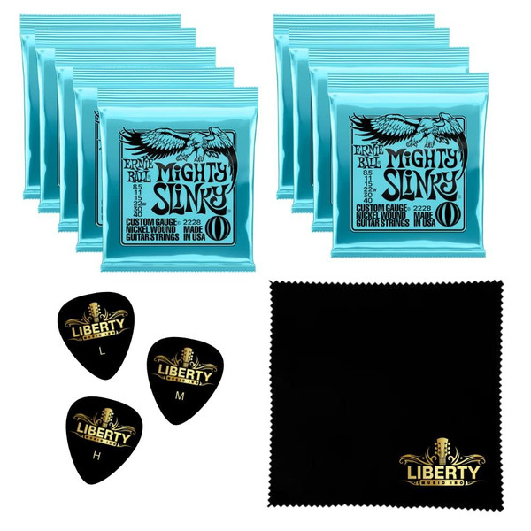 9 Sets Ernie Ball Mighty Slinky Nickel Wound Electric Guitar Strings 8.5-40 Gauge Plus Bonus Liberty Music Polishing Cloth and 3 Assorted Guitar Picks