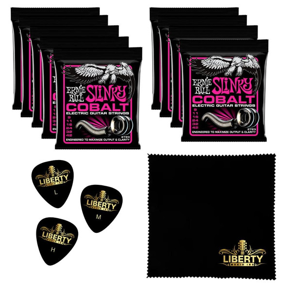 9 Sets Ernie Ball Super Slinky Cobalt Electric Guitar Strings - 9-42 Gauge Plus Bonus Liberty Music Polishing Cloth and 3 Assorted Guitar Picks