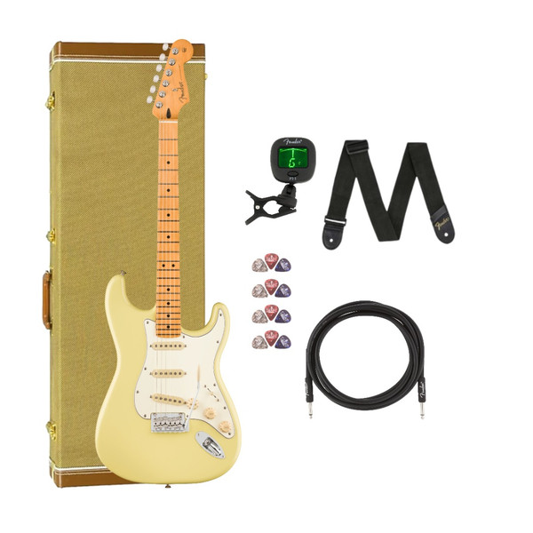 Fender Player II Stratocaster Maple Fingerboard Hialeah Yellow Bundle with Hardcase, Cable, Tuner, Strap and Liberty Music Pick Pack(12)