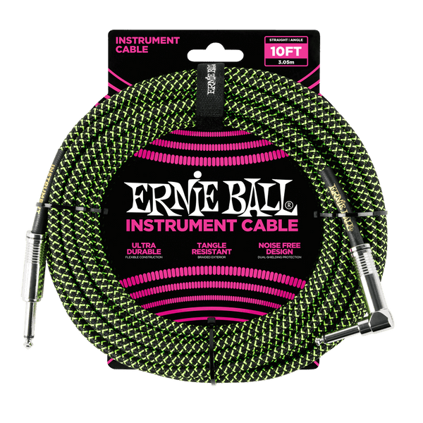 Ernie Ball 10' Braided Straight / Angle Instrument Cable - Black / Green - P06077