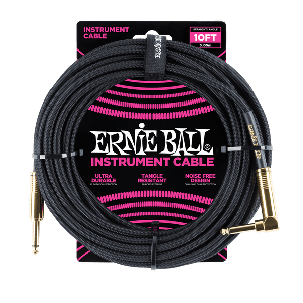 Ernie Ball 10' Braided Straight / Angle Instrument Cable - Black w/Gold Connectors - P06081