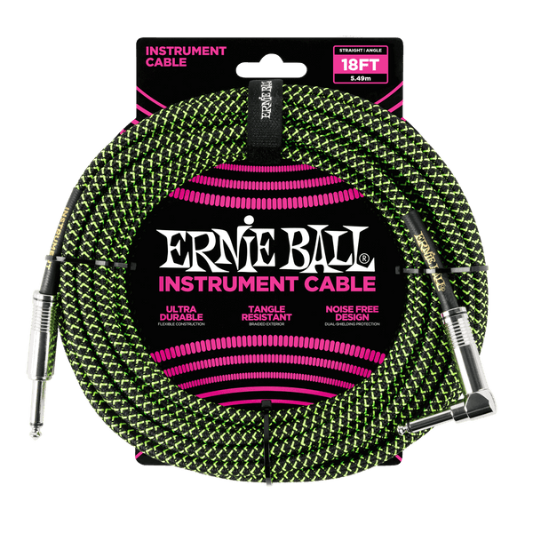 Ernie Ball 18' Braided Straight / Angle Instrument Cable - Black / Green - P06082