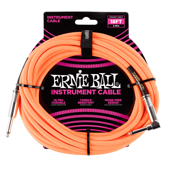 Ernie Ball 18' Braided Straight / Angle Instrument Cable - Neon Orange - P06084