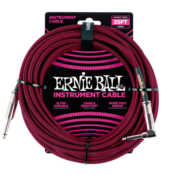 Ernie Ball 25' Braided Straight / Angle Instrument Cable - Black / Red   - P06062