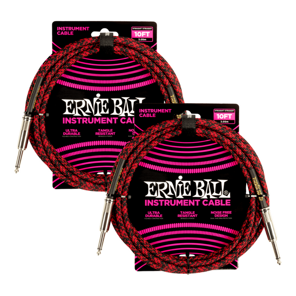 2 Pack Ernie Ball 10' Braided Straight Straight Inst Cable Red Black - P06394