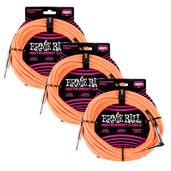 3 Pack Ernie Ball 10' Braided Straight / Angle Instrument Cable - Neon Orange - P06079