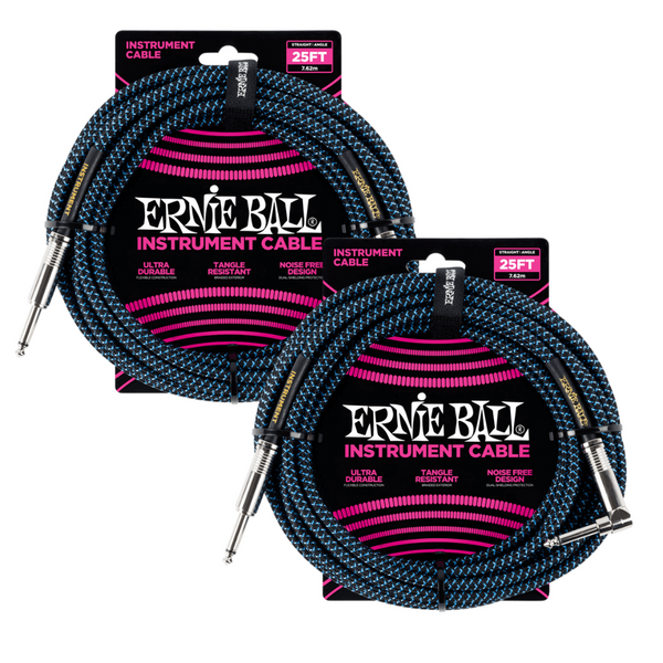 2 Pack Ernie Ball 25' Braided Straight / Angle Instrument Cable - Black / Blue   - P06060