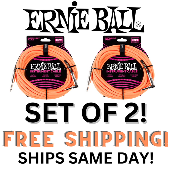 2 Pack Ernie Ball 25' Braided Straight / Angle Instrument Cable - Neon Orange   - P06067