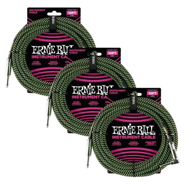 3 Pack Ernie Ball 10' Braided Straight / Angle Instrument Cable - Black / Green - P06077