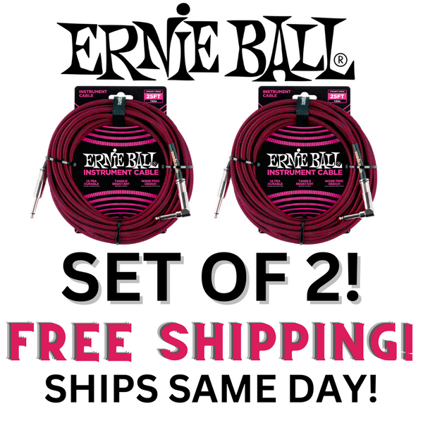 2 Pack Ernie Ball 25' Braided Straight / Angle Instrument Cable - Black / Red   - P06062