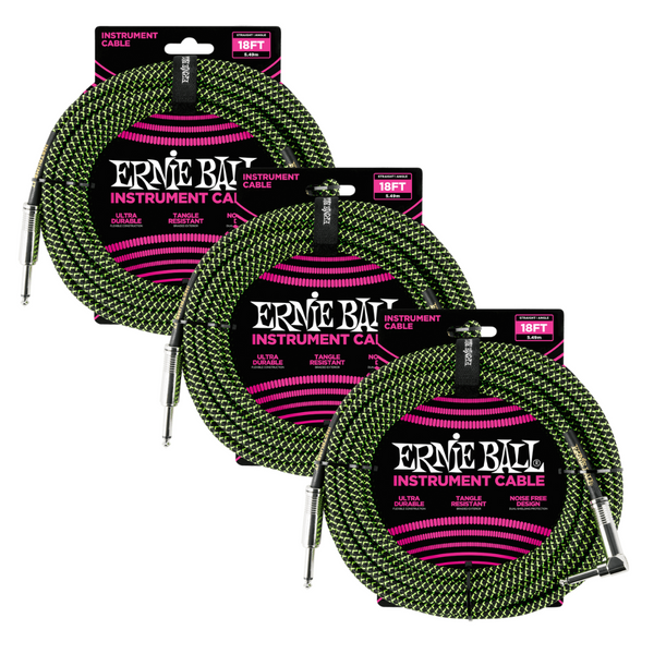 3 Pack Ernie Ball 18' Braided Straight / Angle Instrument Cable - Black / Green - P06082