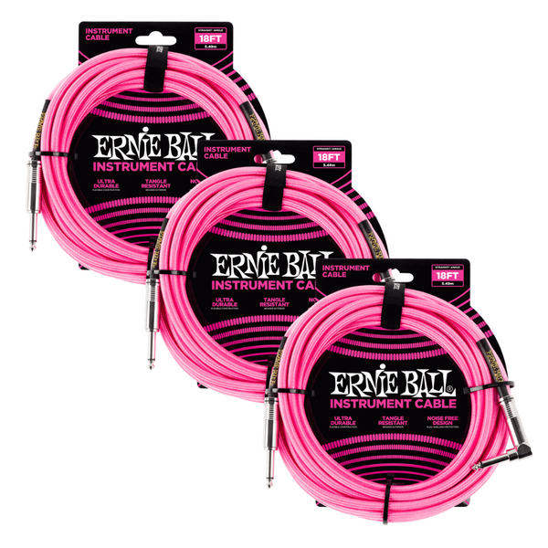 3 Pack Ernie Ball 18' Braided Straight / Angle Instrument Cable - Neon Pink - P06083