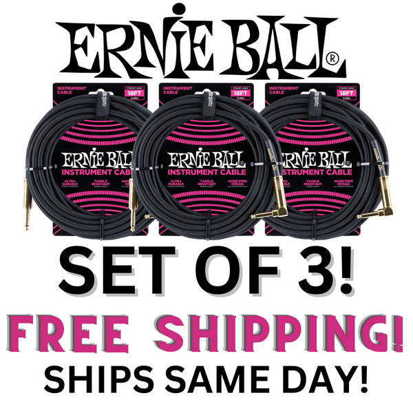 3 Pack Ernie Ball 18' Braided Straight / Angle Instrument Cable - Black w/Gold Connectors - P06086