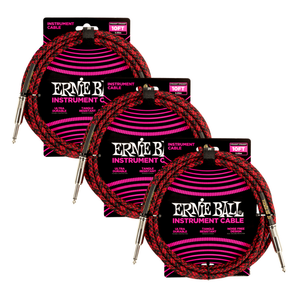 3 Pack Ernie Ball 10' Braided Straight Straight Inst Cable Red Black - P06394