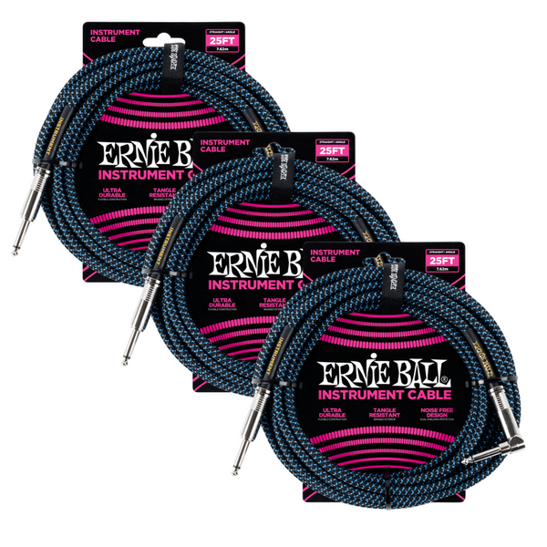 3 Pack Ernie Ball 25' Braided Straight / Angle Instrument Cable - Black / Blue   - P06060