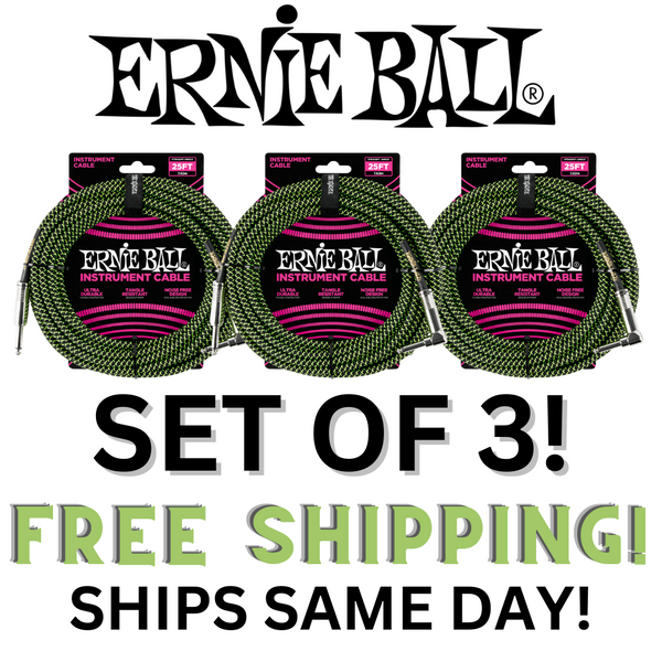 3 Pack Ernie Ball 25' Braided Straight / Angle Instrument Cable - Black / Green   - P06066
