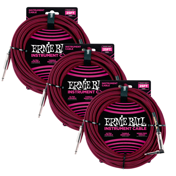 3 Pack Ernie Ball 25' Braided Straight / Angle Instrument Cable - Black / Red   - P06062