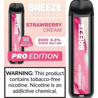 BREEZE SMOKE PRO 5% DISPOSABLE VAPE 6ML 2000 PUFFS (STRAWBERRY CREAM - FLAVOR)  Introducing the Breeze Smoke Pro 5% Disposable Vape in Strawberry Cream Flavor, a 6ml device that offers 2000 puffs of sweet and creamy vaping delight.