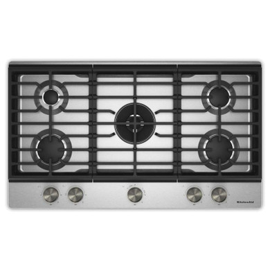 KitchenAid® 36  in. Gas Cooktop with 5 Burners and Integrated Wok Grate KCGK536SSS