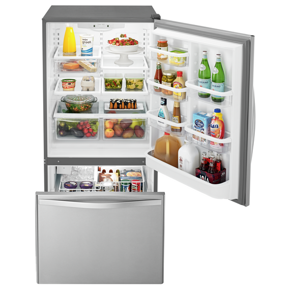 Whirlpool® 33-inches wide Bottom-Freezer Refrigerator with SpillGuard™ Glass Shelves - 22 cu. ft WRB322DMBM