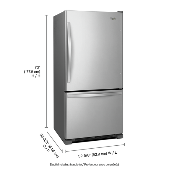 Whirlpool® 33-inches wide Bottom-Freezer Refrigerator with SpillGuard™ Glass Shelves - 22 cu. ft WRB322DMBM