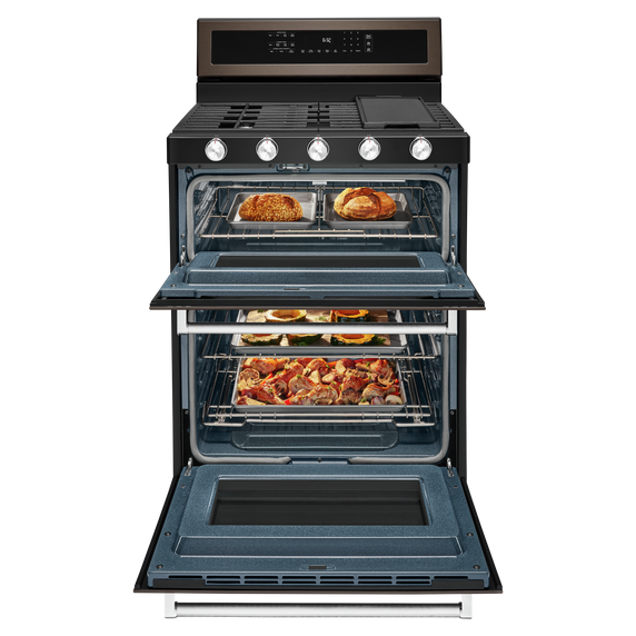 Kitchenaid® 30-Inch 5 Burner Gas Double Oven Convection Range KFGD500EBS