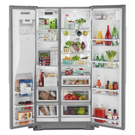 Kitchenaid® 22.6 cu ft. Counter-Depth Side-by-Side Refrigerator with Exterior Ice and Water and PrintShield™ finish KRSC703HPS