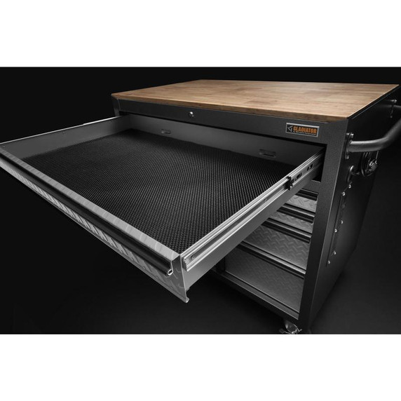 Gladiator® Premier 41 inch (104.1 cm) 9-drawer Mobile Tool Workbench with Solid Wood Top GAMT41HWJG