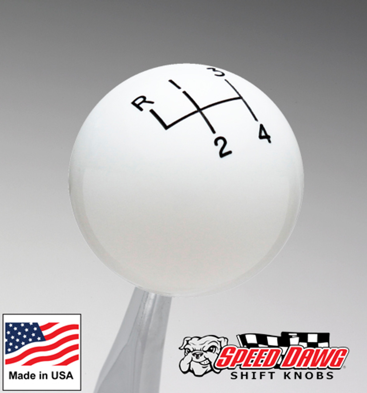 White 4 Speed Reverse Upper Left Shift Knob with Engraved