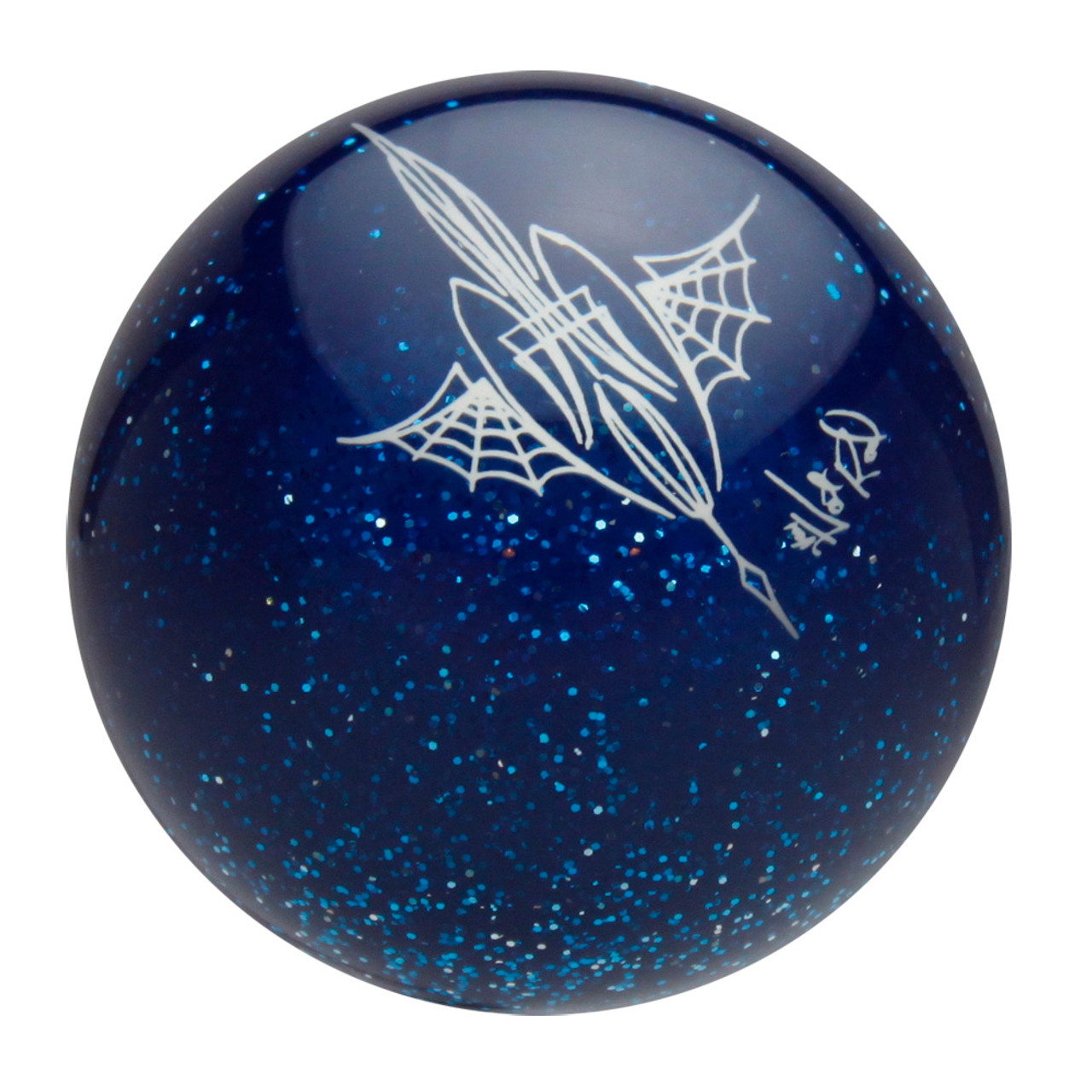 Transparent Blue Metalflake Pinstriped Spider Web Shift Knob by Von Hot Rod