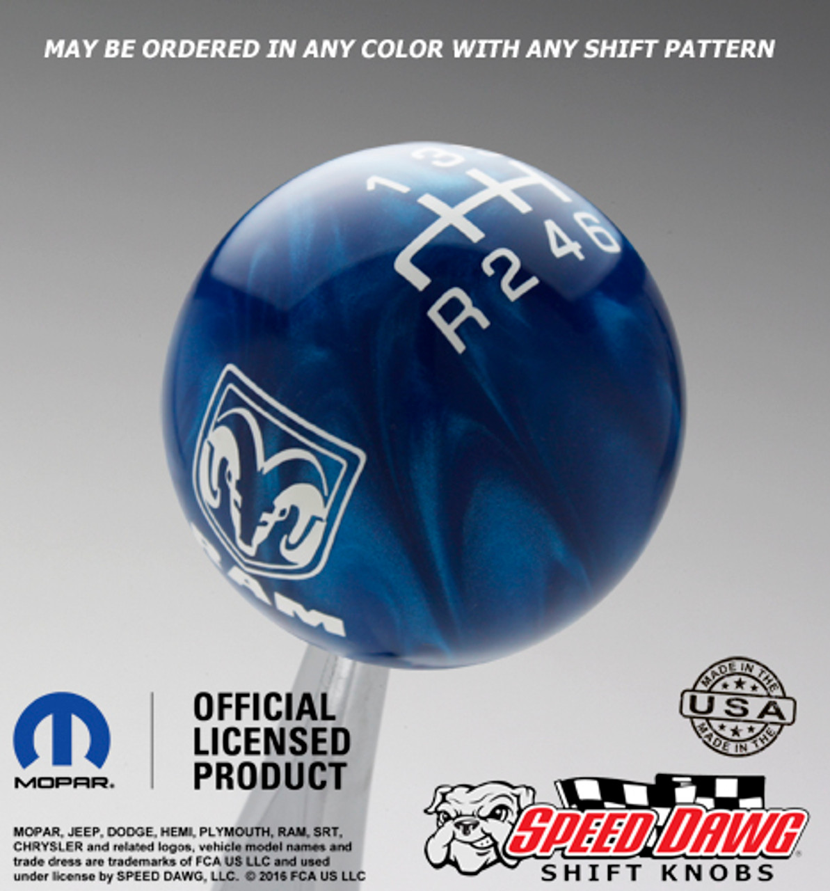 Dodge Ram Blue Pearl shift knob with White graphics