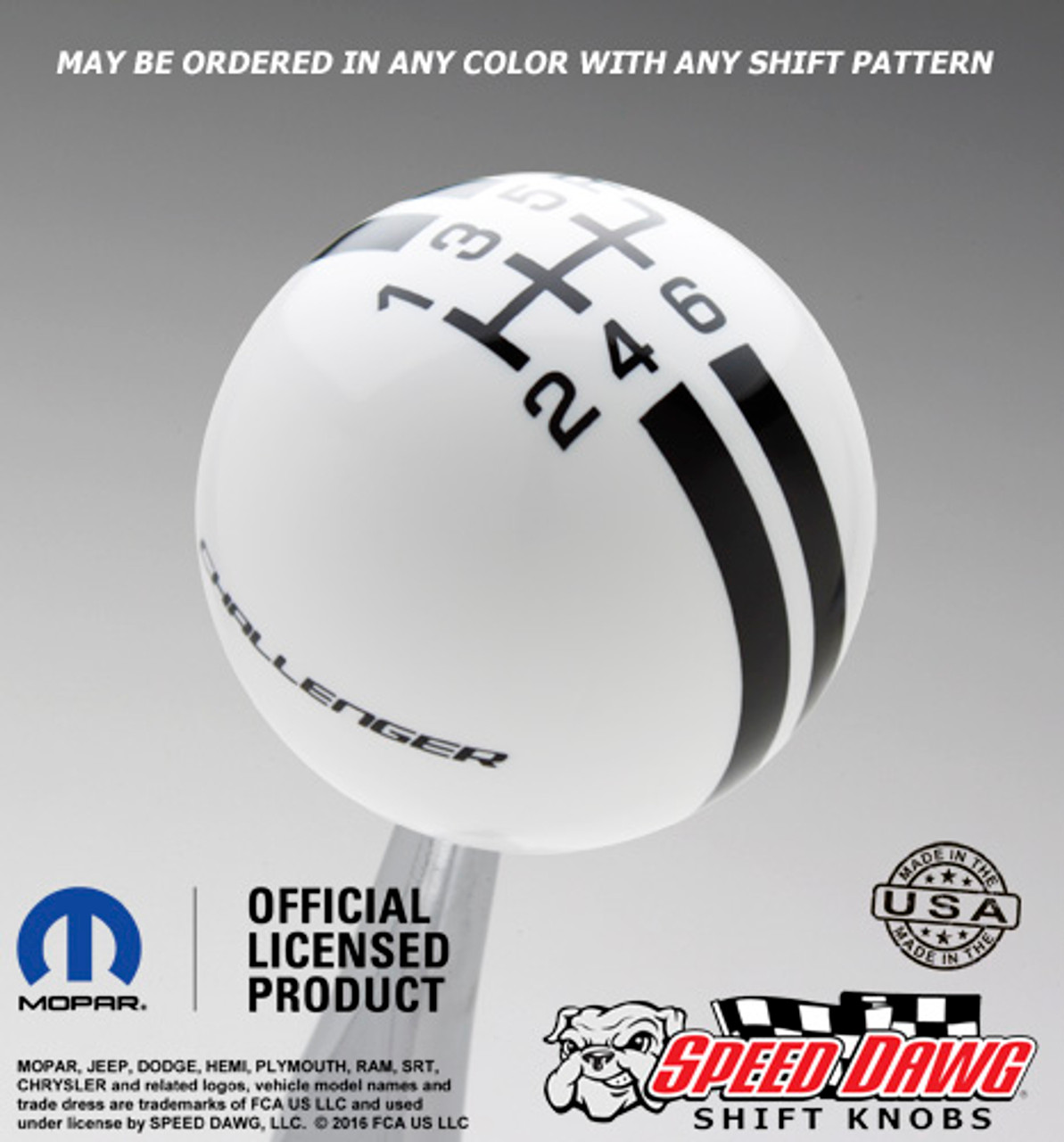 Challenger Rally Stripe Shift Knob White with Black graphics