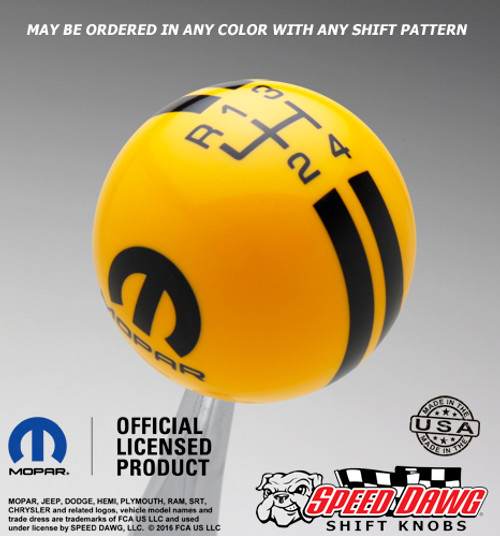 Yellow Mopar Logo Rally Stripe Shift Knob with Black Graphics