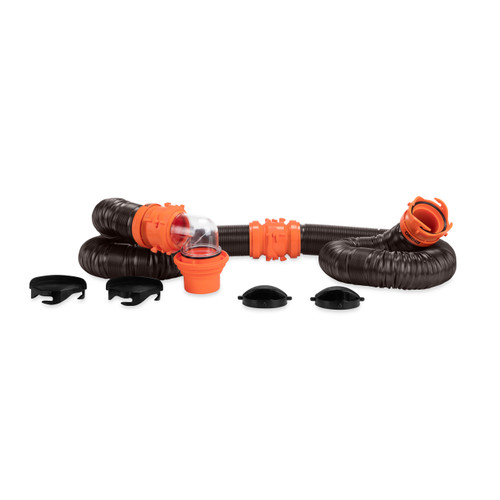 Camco RhinoFLEX 20' Camper/RV Sewer Hose Kit — Includes 4-in-1 Adapter, Clear Elbow, & Caps — Connects to 3″ Slip & 3″, 3 1/2″, 4″ NPT Threaded Sewer Connections 39741