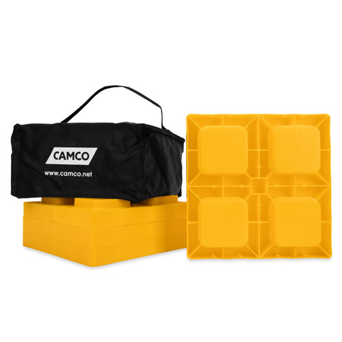 Camco Camper/RV Leveling Blocks — Heavy-Duty RV Leveling System Keeps Your RV Level — Durable Interlocking Design — 4 RV Blocks — Yellow 44501