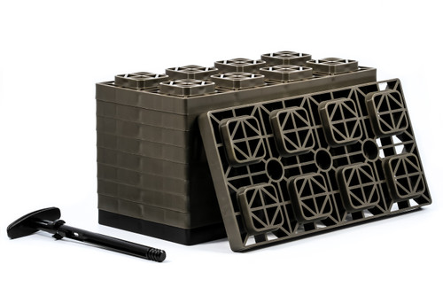 Camco FasTen RV Leveling Blocks — Heavy-Duty RV Leveling System Keeps Your RV Level — Includes T-Handle For Simple Carrying — 4x2 — 10 RV Blocks — Gray 44525