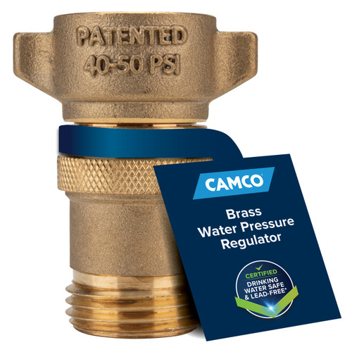 40055 Camco Brass Marine/RV Water Pressure Regulator – Protects RV Kitchen Small Appliances, Plumbing & Hoses – Reduces RV Water Pressure to Safe & Consistent 40-50 PSI – Drinking Water Safe 40055