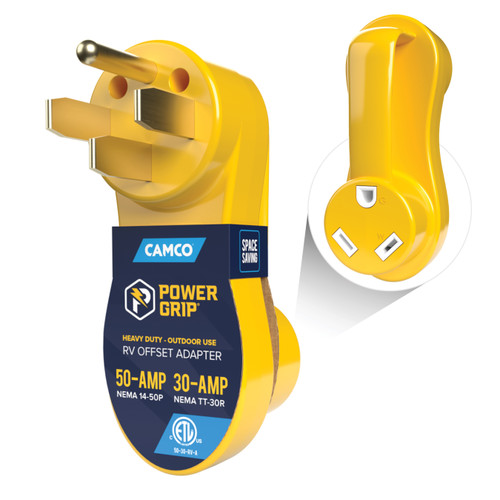 Camco Power Grip Electrical Offset Adapter — 50 amp to 30 amp RV Power Adapter — Offset Design to Relieve Cord Stress 55135