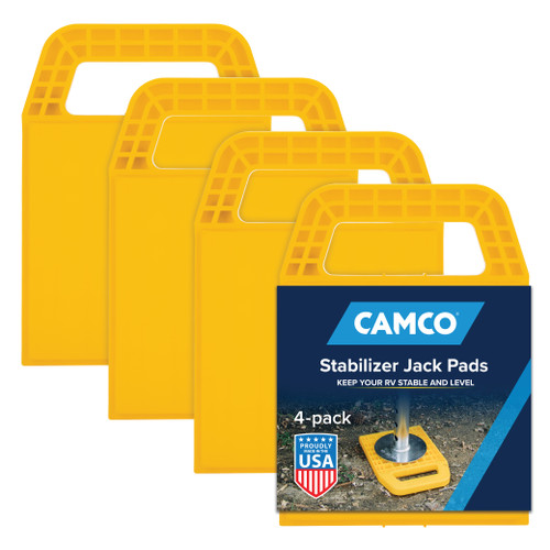 Camco RV Stabilizer Jack Pads — 6 3/16" x 6 3/16" Support Area — Resin Pads Keep Jacks from Sinking into the Ground — Interlocking Design with Handy Storage Strap — 4-Pack — Yellow — Made in the USA 44595